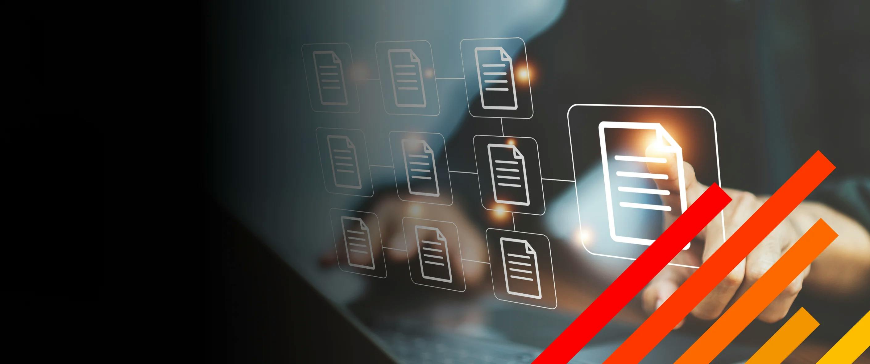 Hands working at laptop with document icons overlaid simulating data in a cloud environment